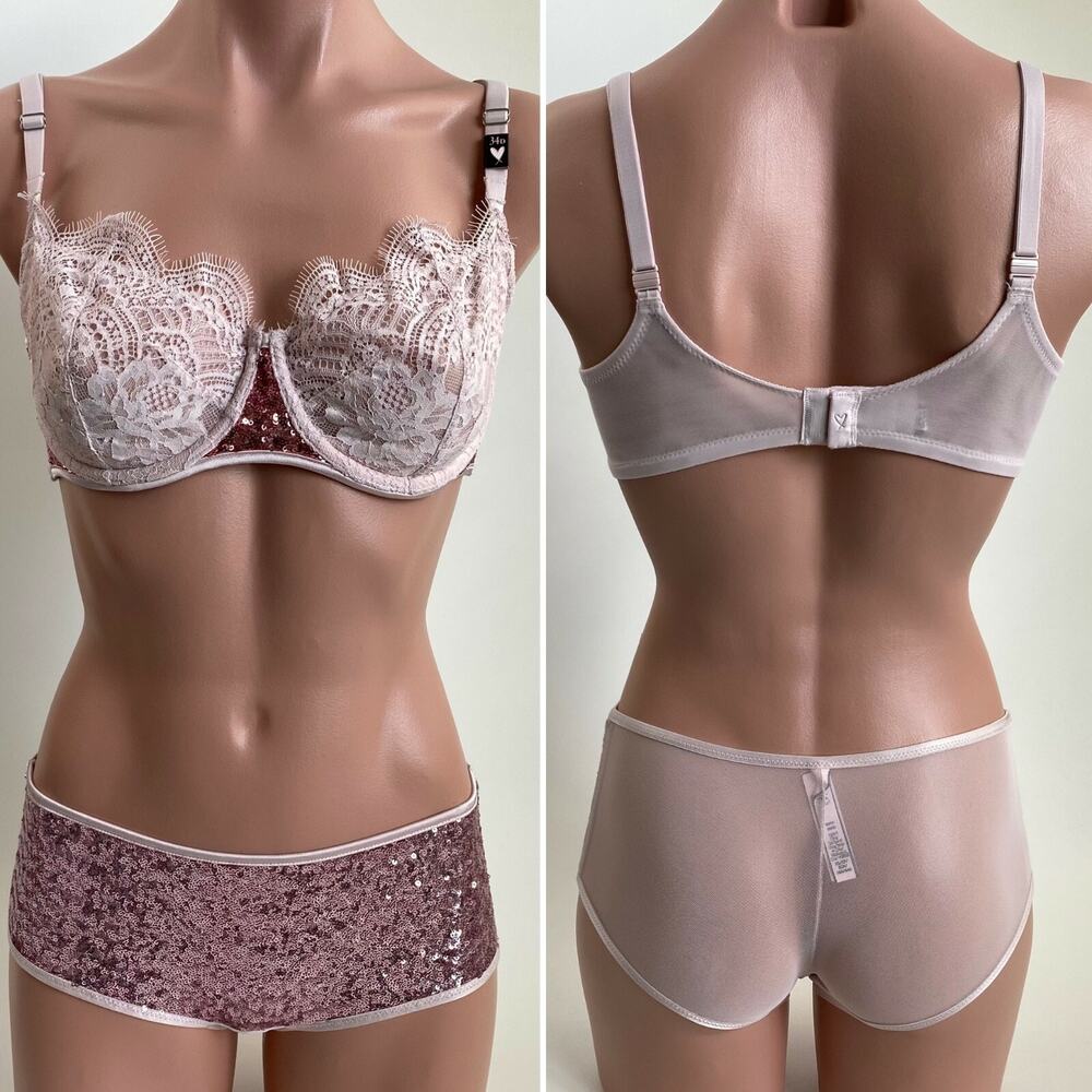 Victoria's Secret Dream Angels Push Up w/o Padding Bra 34D Shortie XS Pink Set
